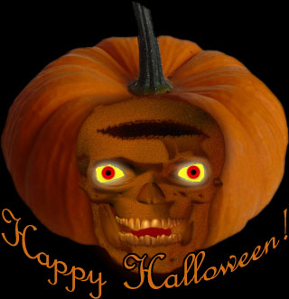 Animated Happy Halloween Graphics monster Jack-o-lantern. Pumpkin with monster face and Happy Halloween.